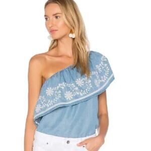 Rebecca Minkoff Women's Rita Denim Blue Chambray One Shoulder Top Size Small